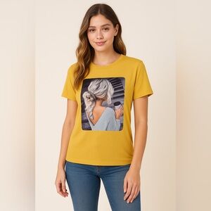 Yellow Rhinestone Graphic Tee‎ | Glamour Woman Design | Casual Chic Top